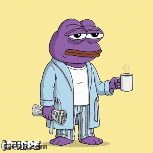 A Purple Frog In A Robe Holding A Cup Of Coffee GIF