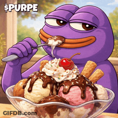 A Purple Frog Is Eating A Sundae With A Cherry On Top GIF