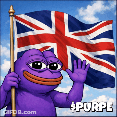 A Purple Frog Is Holding A British Flag With The Word Purpe Below It GIF