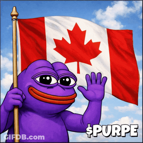 A Purple Frog Is Holding A Canadian Flag And Says Purpe GIF