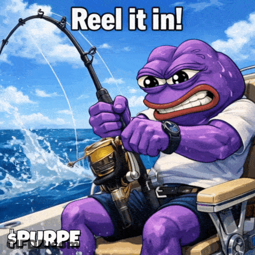 A Purple Frog Is Holding A Fishing Rod With The Words Reel It In GIF