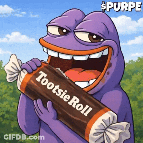 A Purple Frog Is Holding A Tootsie Roll GIF