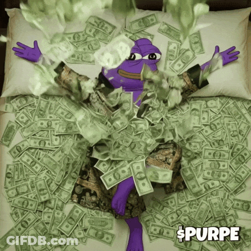 A Purple Frog Is Laying On A Bed Surrounded By Money And The Word Purpe Is On The Bottom GIF