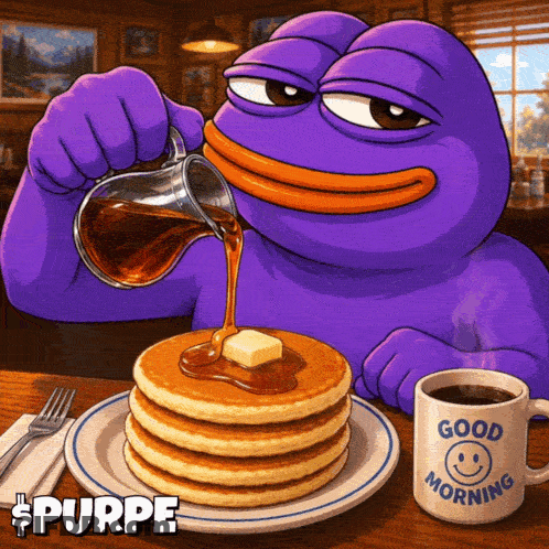 A Purple Frog Is Pouring Syrup On A Stack Of Pancakes Next To A Cup That Says Good Morning GIF