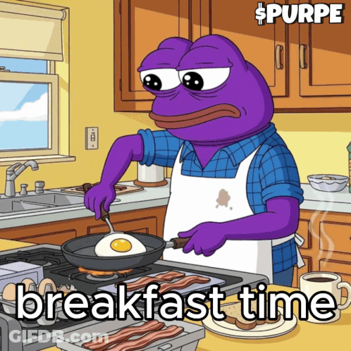 A Purple Frog Is Preparing Breakfast In A Kitchen With The Words Breakfast Time Below Him GIF