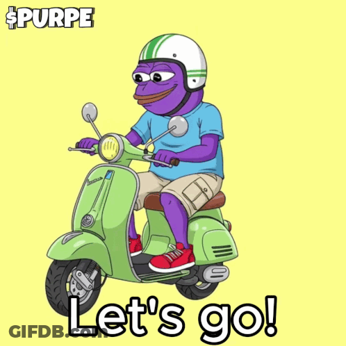 A Purple Frog Is Riding A Green Scooter With The Words Let 'S Go Below It GIF