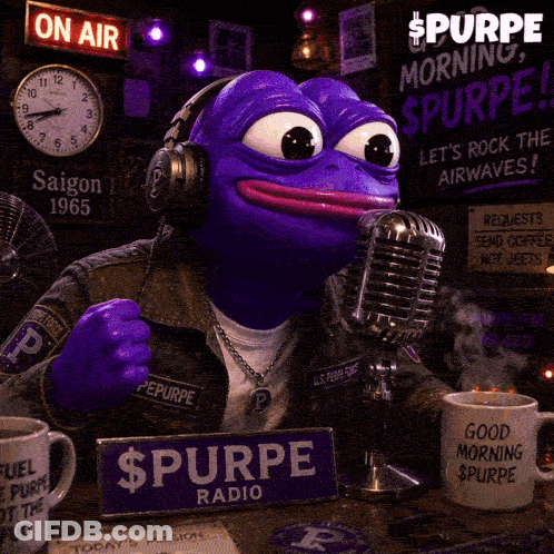 A Purple Frog Is Singing Into A Microphone With A Sign That Says On Air In The Background GIF