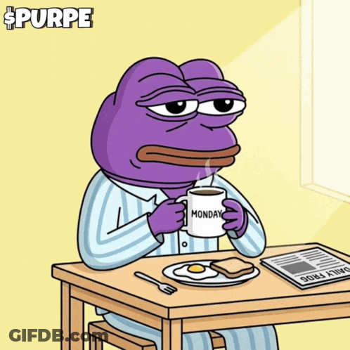 A Purple Frog Is Sitting At A Table Holding A Monday Coffee Cup GIF