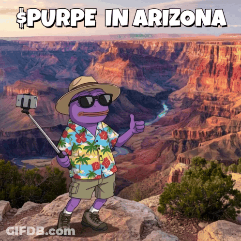 A Purple Frog Is Taking A Selfie In Front Of A Grand Canyon And The Words Purpe In Arizona GIF