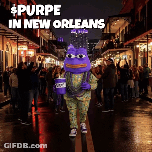 A Purple Frog Mascot Holding A Cup That Says Purpe GIF