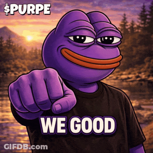 A Purple Frog Pointing At The Camera With The Words " We Good " On The Bottom GIF