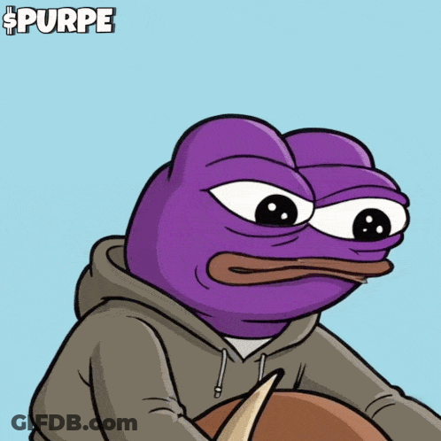 A Purple Frog Wearing A Grey Hoodie With The Word Purpe On The Top GIF