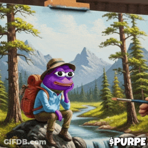 A Purple Frog With A Backpack Sits On A Rock Near A River In A Painting By Purpe GIF