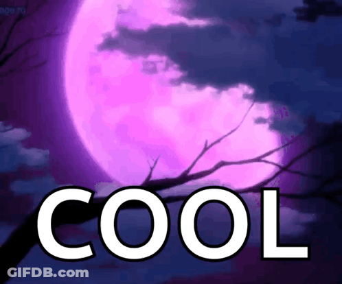 A Purple Full Moon Is Behind A Tree Branch With The Word Cool Below It GIF