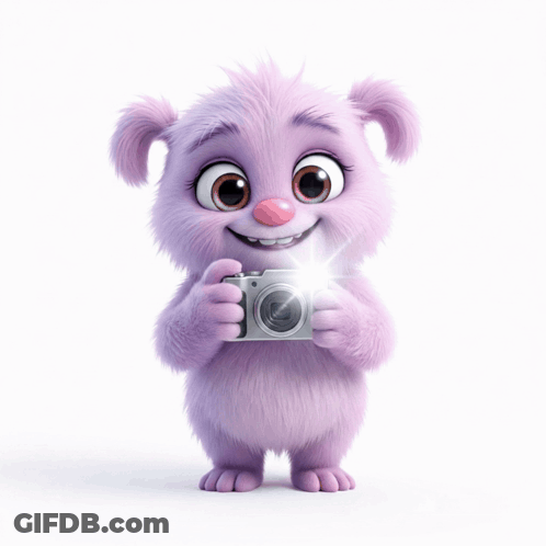 A Purple Furry Animal Is Holding A Camera In Front Of Its Face GIF
