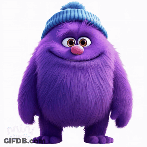 A Purple Furry Monster Wearing A Blue Hat Is Standing In Front Of The Mini Studio Logo GIF