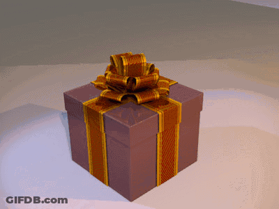 A Purple Gift Box With A Gold Bow On Top GIF