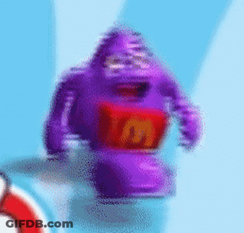A Purple Gorilla With A Red Mcdonald 'S Box On His Chest GIF