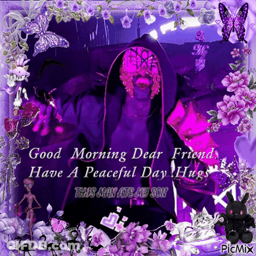 A Purple Greeting Card That Says " Good Morning Dear Friend " GIF