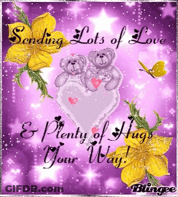 A Purple Greeting Card With Two Teddy Bears Holding A Heart And The Words " Sending Lots Of Love " GIF