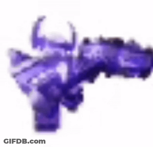 A Purple Gun With Horns Is Floating In The Air . GIF