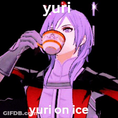 A Purple Haired Anime Girl Drinking From A Cup With The Words Yuri Yuri On Ice Written Below Her GIF