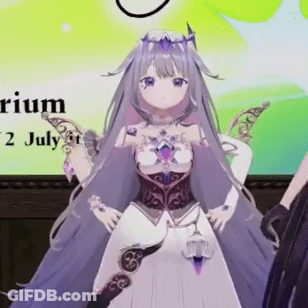 A Purple Haired Anime Girl In A White Dress Is Standing In Front Of A Sign That Says 2 July . GIF