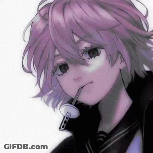 A Purple Haired Anime Girl Is Drinking Through A Straw . GIF