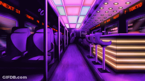 A Purple Hallway With A Sign That Says Tokyo On It GIF