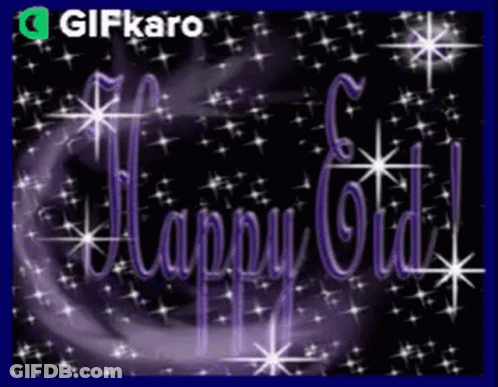 A Purple Happy Eid Greeting Card With Stars On A Black Background GIF