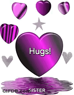 A Purple Heart Is Surrounded By Purple Hearts And A Star And Says `` Hugs ! '' GIF