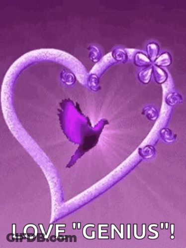 A Purple Heart With A Bird In It And The Words `` Love Genius '' . GIF