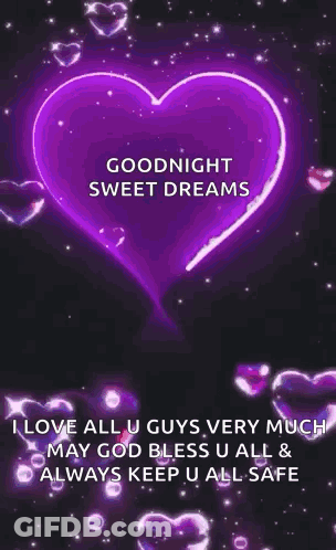 A Purple Heart With The Words `` Goodnight Sweet Dreams '' Is On A Black Background . GIF