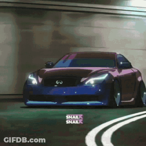 A Purple Infiniti Sports Car Is Driving Down A Street GIF