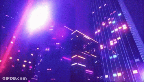 A Purple Light Is Shining On A Building In A Dark Room GIF