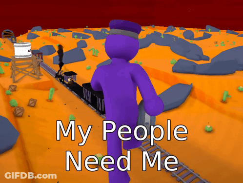 A Purple Man Is Walking Down Train Tracks With The Words " My People Need Me " On The Bottom GIF