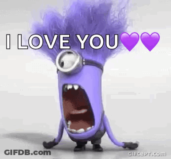 A Purple Minion With A Purple Haircut Is Screaming And Saying `` I Love You '' . GIF