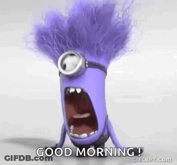 A Purple Minion With Purple Hair Is Yawning And Saying `` Good Morning '' . GIF