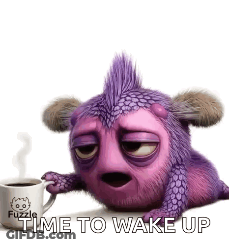 A Purple Monster Is Laying Down With A Cup Of Coffee . GIF