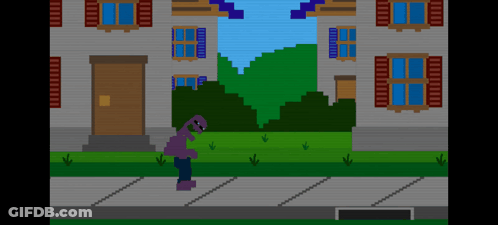 A Purple Monster Is Standing In Front Of A House With Shutters GIF