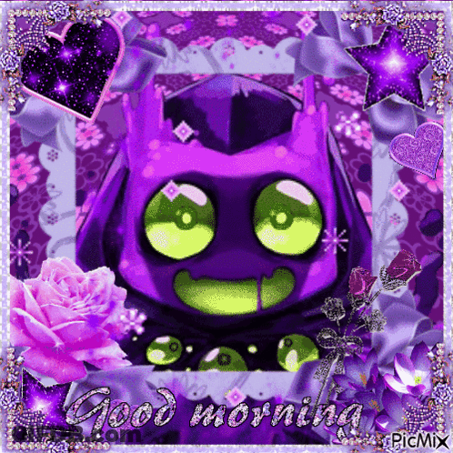 A Purple Monster With Green Eyes And The Words Good Morning GIF
