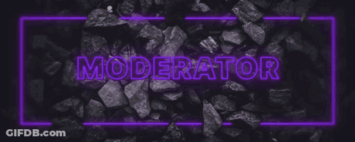 A Purple Neon Sign That Says `` Moderator '' On A Black Background With Rocks . GIF