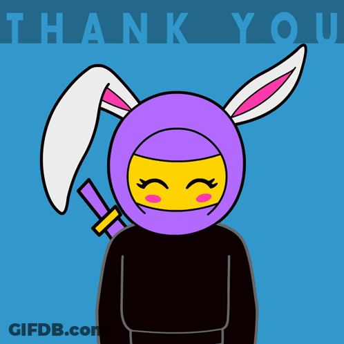 A Purple Ninja With White Bunny Ears And A Sword Says Thank You GIF