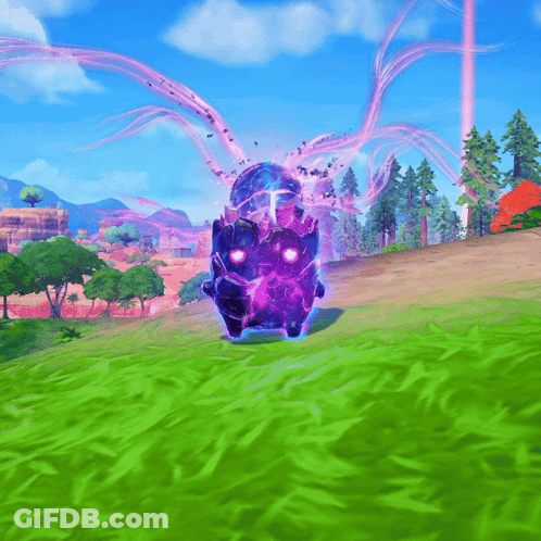 A Purple Object With Glowing Eyes Is Floating In The Grass GIF