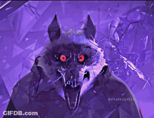 A Purple Painting Of A Wolf With Red Eyes And The Words Donatedpizza Below It GIF