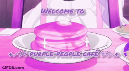 A Purple Pancake Is On A Plate With The Words Welcome To Purple People Cafe Below It GIF