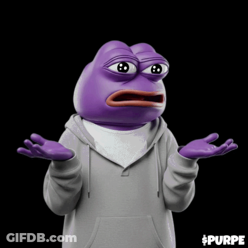 A Purple Pepe Frog With A Grey Hoodie Is Standing In Front Of A Question Mark Pattern GIF