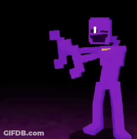 A Purple Pixel Art Character Is Holding A Gun In The Dark . GIF