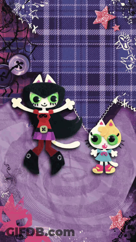 A Purple Plaid Background With Two Cartoon Characters One Of Which Has The Letter X On It GIF
