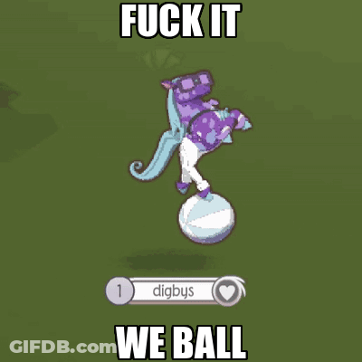 A Purple Pony Standing On A Ball With The Words " Fuck It We Ball " GIF
